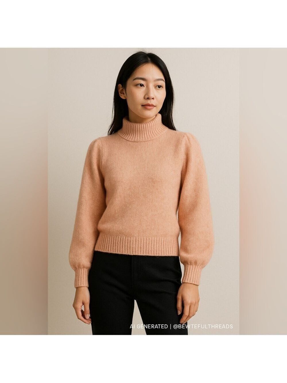 Vero Moda Peachy Pink High-Neck Soft Knit Sweater Puff Sleeve Medium